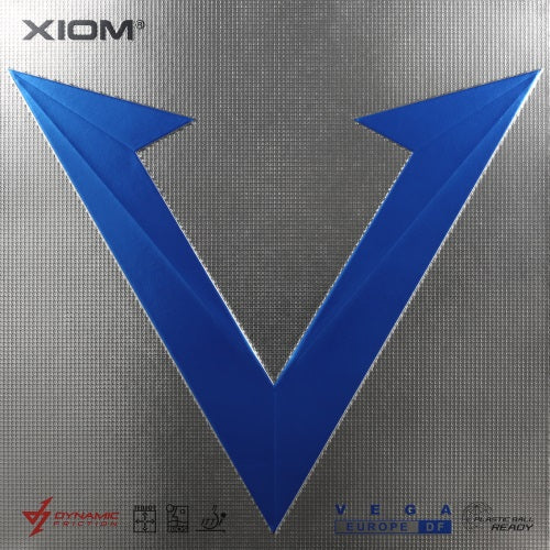 Table tennis rubber package front showing a large blue V-shaped logo on a textured silver-gray background, with XIOM branding at the top and model text at the bottom.